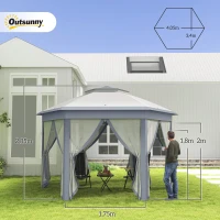 Outsunny Tenda Dobrável 4x3,4 m Tenda de Jardim Hexagonal com Duplo Tecto 6 Mosquiteiras Destacáveis e Saco de Transporte Cinzento(m-3)