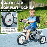HOMCOM Triciclu pentru Copii cu Mâner de Împingere, Acoperiș Parasolar, Bară de Siguranță și Coș, 105x47x98 cm, Alb(m-6)