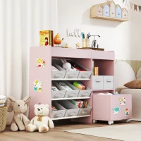 AIYAPLAY Kids Toy Storage Unit with 11 Bins, Cabinet, Top Shelves, 3 Stickers, for Nursery, Playroom, Pink(m-9)