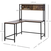 HOMCOM L Shaped Desk with Book Shelf, Industrial Corner Computer Desk, Writing Table with Steel Frame for Home Office, Bedroom, Study Room, 140 x 125cm, Brown(m-3)