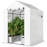 Outsunny Mini Greenhouse with Raised Garden Bed, Galvanised Walk-in Greenhouse with Roll Up Windows, 56" x 56" x 75", White(m-11)