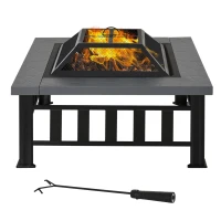 Outsunny Metal Large Firepit Outdoor Square Fire Pit Brazier with Rain Cover, Lid, Log Grate, Poker for Backyard, Camping, BBQ, Bonfire, Wood Burning Stove, 86 x 86 x 54cm, Black(m-10)