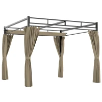 Outsunny 3 x 3 m Pergola with Retractable Roof Canopy and Curtains, UPF30+ Metal Frame Garden Pergola Gazebo Sun Shade, Khaki(m-10)