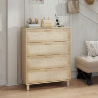 HOMCOM Kommode 4 Schubladen Rattangeflecht Maße 80L x 40l x 103H cm MDF Hellholz-Optik(m-4)