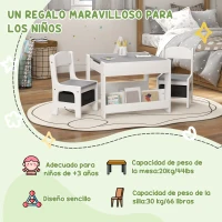 HOMCOM Juego de Mesa con Sillas para Niños 3 en 1 con Pizarra Cajones de Tela y Espacio de Almacenamiento Blanco y Gris(m-5)