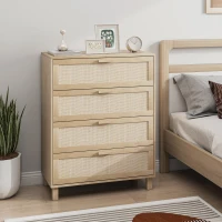 HOMCOM Kommode 4 Schubladen Rattangeflecht Maße 80L x 40l x 103H cm MDF Hellholz-Optik(m-2)