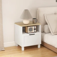 HOMCOM Mesa de Cabeceira Moderna Minimalista com Gaveta e Prateleira Aberta em Madeira 45x38x50 cm Branco e Cor Madeira(m-2)