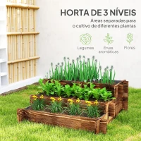 Outsunny Caixa de Plantio de Madeira de 3 Níveis com Malha Geotextil para Cultivos de Plantas Flores Exterior 93x93x35 cm Carbonizado(m-4)