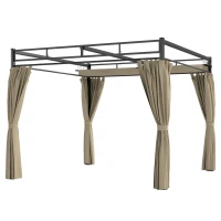 Outsunny 3 x 3 m Pergola with Retractable Roof Canopy and Curtains, UPF30+ Metal Frame Garden Pergola Gazebo Sun Shade, Khaki(m-11)