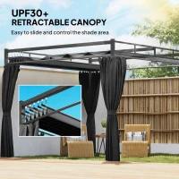 Outsunny 3 x 3 m Pergola with Retractable Roof Canopy and Curtains, UPF30+ Metal Frame Garden Pergola Gazebo Sun Shade, Dark Grey(m-4)