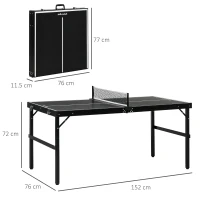 SPORTNOW Masă de Ping Pong Pliabilă cu Mâner de Transport, din Aluminiu și Lemn, 152x76x72 cm, Negru(m-3)