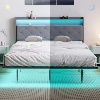 HOMCOM Estructura de cama 140 x 190 cm con somier de acero, cama doble flotante con luces LED RGB y estación de carga, gris(m-5)