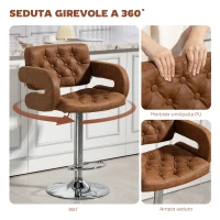 HOMCOM Sgabello da Bar con Schienale e Braccioli, Altezza Regolabile e Poggiapiedi, Finta Pelle Marrone(m-5)