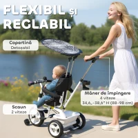 HOMCOM Triciclu pentru Copii cu Mâner de Împingere, Acoperiș Parasolar, Bară de Siguranță și Coș, 105x47x98 cm, Alb(m-5)