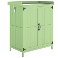 Outsunny Wooden Garden Shed, Garden Tool Storage Shed with Hinged Roof and Shelf, Outdoor Storage Cabinet with Double Doors, Light Green(m-1)