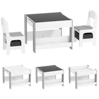 HOMCOM Set de Masă și Scaun pentru Copii, Set de Birou și Scaun pentru Copii 2-în-1 cu Tablă și Rafturi pentru Cărți, 61.5x61.5x48 cm, Gri(m-1)