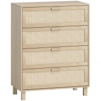 HOMCOM Kommode 4 Schubladen Rattangeflecht Maße 80L x 40l x 103H cm MDF Hellholz-Optik(m-1)