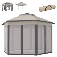 Outsunny Tenda Dobrável 4x3,4 m Hexagonal com Duplo Teto 6 Mosquiteiras Destacáveis e Saco de Transporte Castanho e Bege(m-11)