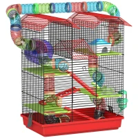 PawHut Jaula para Hámster de 5 Niveles 47x30x59 cm con Túnel Comedero Bebedero Casita Rueda de Ejercicio Escaleras Rojo(m-1)