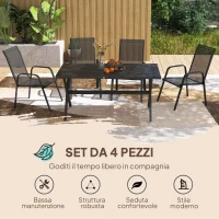 Outsunny Set 4 Sedie da Giardino Impilabili e Salvaspazio con Braccioli in Metallo e Tessuto a Rete, Nero(m-4)