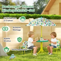 AIYAPLAY Kinderset, 4-delige kinderset met afneembare parasol, kindertafel met 2 opvouwbare stoelen, Groen(m-4)