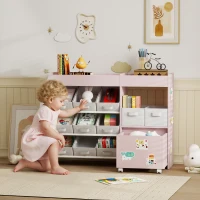 AIYAPLAY Kids Toy Storage Unit with 11 Bins, Cabinet, Top Shelves, 3 Stickers, for Nursery, Playroom, Pink(m-2)