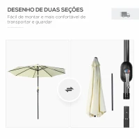 Outsunny Chapéu de Sol de Jardim Ø295x250 cm com Manivela Inclinação e Mastro Desmontável em Metal para Terraço Piscina Pátio Bege(m-6)