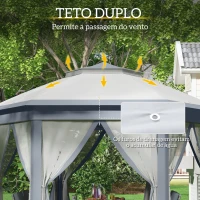Outsunny Tenda Dobrável 4x3,4 m Tenda de Jardim Hexagonal com Duplo Tecto 6 Mosquiteiras Destacáveis e Saco de Transporte Cinzento(m-5)