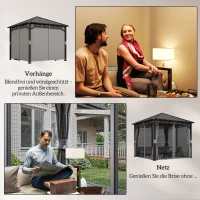 Outsunny Pavillon 3 x 3 m Wasserdicht Stabil Winterfest Gartenpavillon mit Seitenteile, Netze, Haken Hardtop Dunkelgrau(m-6)