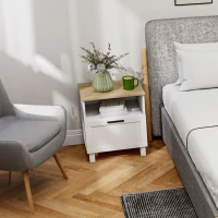 HOMCOM Mesa de Cabeceira Moderna Minimalista com Gaveta e Prateleira Aberta em Madeira 45x38x50 cm Branco e Cor Madeira(m-5)