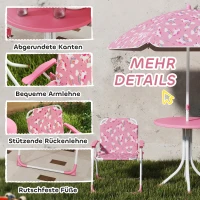 AIYAPLAY Kinderset, 4-delige kinderset met afneembare parasol, kindertafel met 2 inklapbare stoelen, Roze(m-6)
