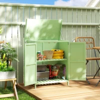 Outsunny Wooden Garden Shed, Garden Tool Storage Shed with Hinged Roof and Shelf, Outdoor Storage Cabinet with Double Doors, Light Green(m-2)