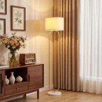 HOMCOM Lampada da Terra Moderna con Paralume in Tessuto, Doppio Tubo Metallico e Interruttore a Pedale, Oro(m-11)