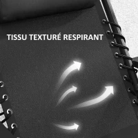 Outsunny Lot de 2 chaise longue pliable et inclinable avec table d'appoint, porte-gobelets et appuie-têtes, charge 120 kg, noir(m-6)