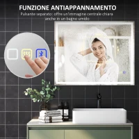 HOMCOM Specchio Bagno Antiappannante con Luce LED Regolabile, Speaker Bluetooth, Pulsanti Touch, 80x100 cm(m-7)