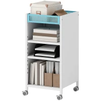HOMCOM Bibliotecă mobilă cu rafturi reglabile, 3-stufiger Rollwagen mit oberem Korb, Weiß(m-6)
