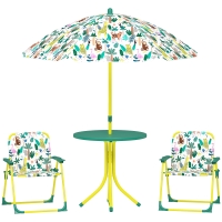 AIYAPLAY Kinderset, 4-delige kinderset met afneembare parasol, kindertafel met 2 opvouwbare stoelen, Groen