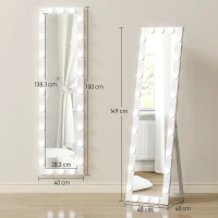 HOMCOM Oglindă de corp întreg 150x40 cm, oglindă LED cu 24 de becuri, 3 nuanțe de lumină, independentă, sprijinită sau pentru montare pe perete, Alb(m-3)