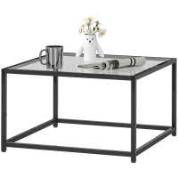 HOMCOM Măsuță pătrată noptieră cu blat din sticlă securizată, masă de cafea cu picioare din oțel 68 x 68 x 39 cm Negru(m-6)