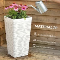 Outsunny Set de 3 Ghivece de Exterior Suprapozabile cu Model Ondulat, Ghivece Pătrate din Plastic pentru Flori cu Orificii de Drenaj, 42/55/65 cm, Alb, Negru, Maro(m-6)