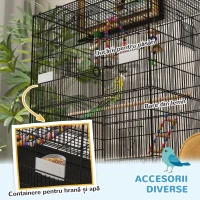 PawHut Colivie pentru Păsări 110 cm, Volieră pentru Perusi, Nimfe, Canari, Agapornis, Cinteze cu Roți, 4 Recipiente, Jucării, Tavă Detașabilă, Raft, Negru(m-5)