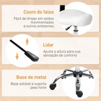 HOMCOM Banco Giratório Rodas e Encosto Amovível Banco de Trabalho com Altura Regulável 83-98 cm Assento Estofado em Couro Sintético Branco(m-6)