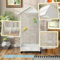 PawHut Jaula para Pájaros con Ruedas 79x65x155 cm Jaula Grande con 2 Comederos 8 Perchas y Bandeja Extraíble Blanco(m-8)