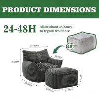 Ultra-Soft Bean Bag Chair with Footrest and High-Density Shredded Foam, Ergonomic Sofa with Breathable Fabric, 117L x 98W x 75H cm, Black(m-3)