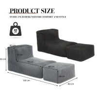 Modular Bean Bag Sofa with Ottoman and Removable Machine-Washable Cover, Couch with High-Density Foam, 160L x 80W x 66H cm, Light Gray(m-3)