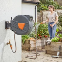 Outsunny Retractable Hose Reel Wall Mounted, 30+2m Garden Hose Pipe Reel with Auto Retraction, Self-Locking, Orange(m-2)
