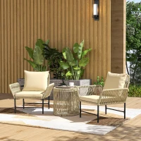 Outsunny Set mobilier de grădină din Polyrattan, mobilier outdoor pentru balcon pentru 2 persoane, 3 piese cu 2 scaune, măsuță laterală, perne(m-2)