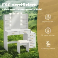 HOMCOM Kaptafel met verlichte spiegel en gestoffeerde kruk, make-upset met 6 lades en planken, wit(m-7)