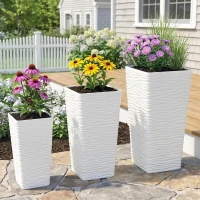 Outsunny Set de 3 Ghivece de Exterior Suprapozabile cu Model Ondulat, Ghivece Pătrate din Plastic pentru Flori cu Orificii de Drenaj, 42/55/65 cm, Alb, Negru, Maro(m-2)