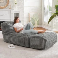 Modular Bean Bag Sofa with Ottoman and Removable Machine-Washable Cover, Couch with High-Density Foam, 160L x 80W x 66H cm, Light Gray(m-1)